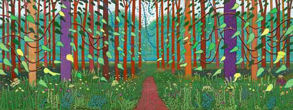 David Hockney, The Arrival of Spring in Woldgate, East Yorkshire in 2011. Oil on 32 canvases (each 91.4 x 121.9 cm), 365.8 x 975.4 cm; one of a 52-part work. Photo credit: Jonathan Wilkinson