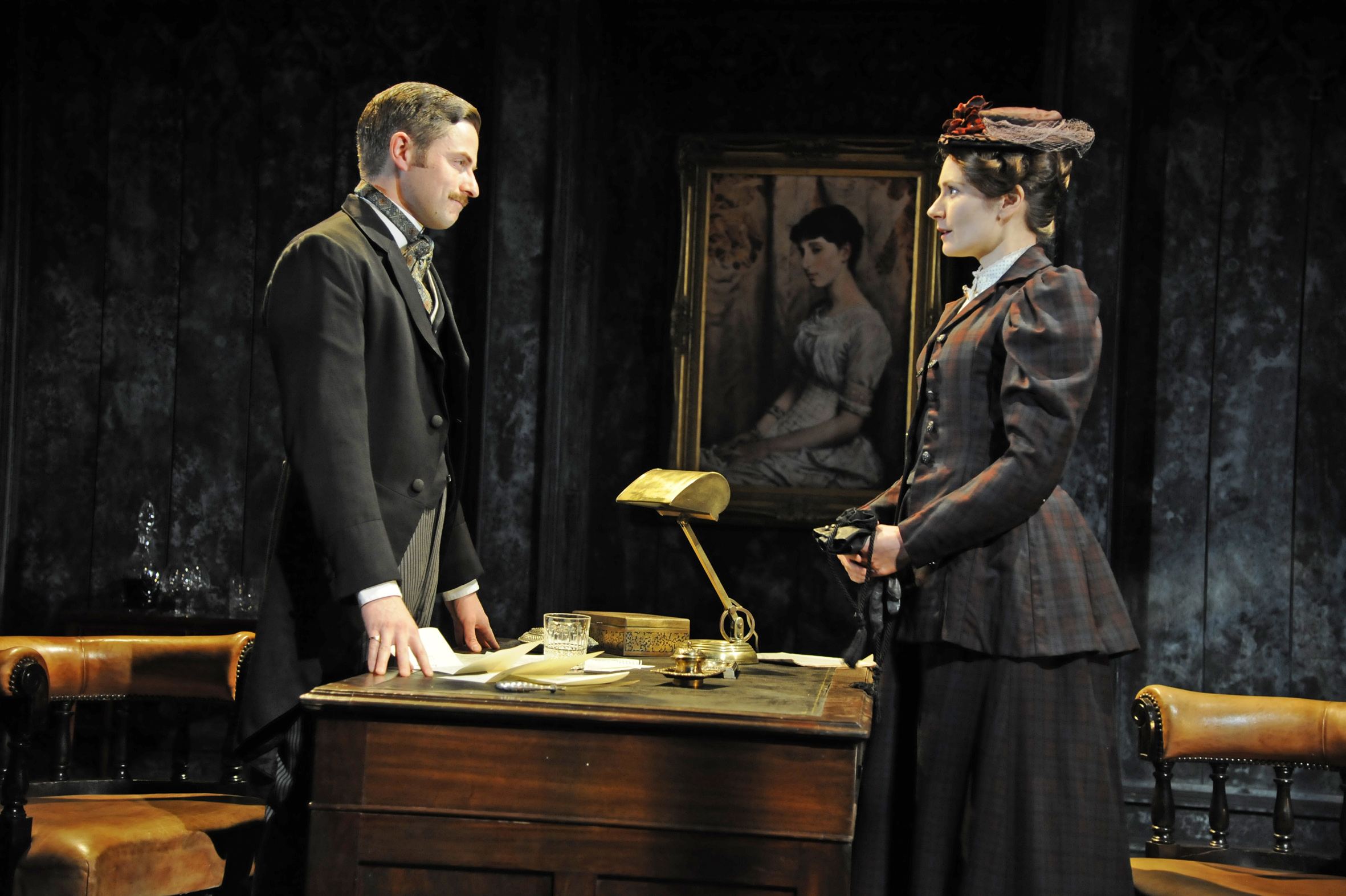 Orlando Wells (Sackville) and Anna Madeley (Governess) in The Turn of the Screw at the Almeida Theatre. Photo credit Nobby Clark